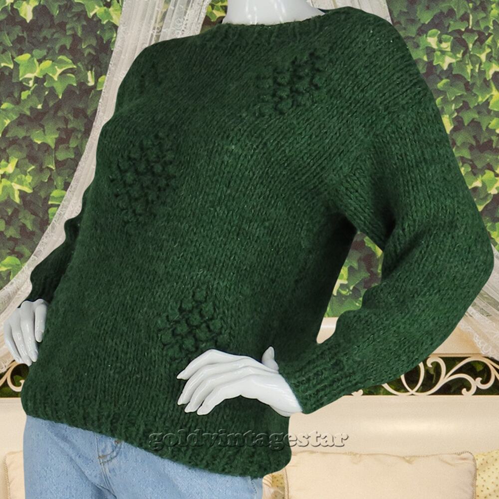 Vintage Chunky Cottagecore Grandmacore Green Wool Blend 3D Knit Italy Sweater M
